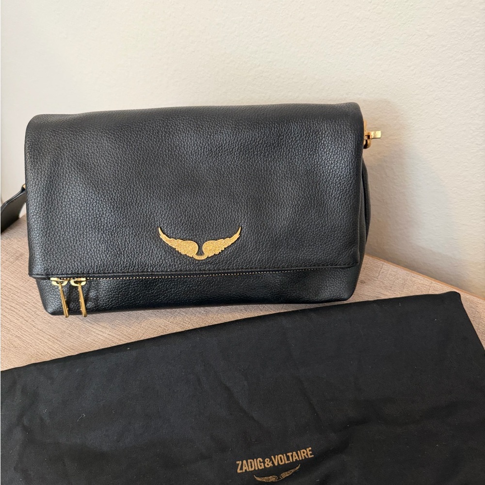 Zadig & Voltaire Black Leather Shoulder Bag with Gold Details